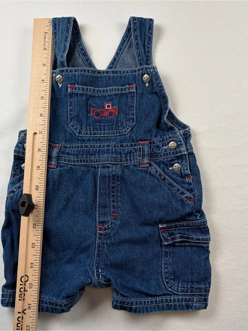 VTG Baby Oshkosh B’Gosh Denim L 6-9M Shortalls Embroidered Little Red Tow Truck